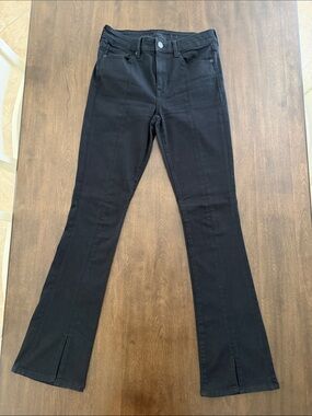 American Eagle High Rise Skinny Kick Black Boot Cut Jeans with Front Slit 8 Long